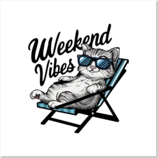 One design features a cool and comfortable kitten wearing sunglasses, casually lounging on a beach chair Posters and Art